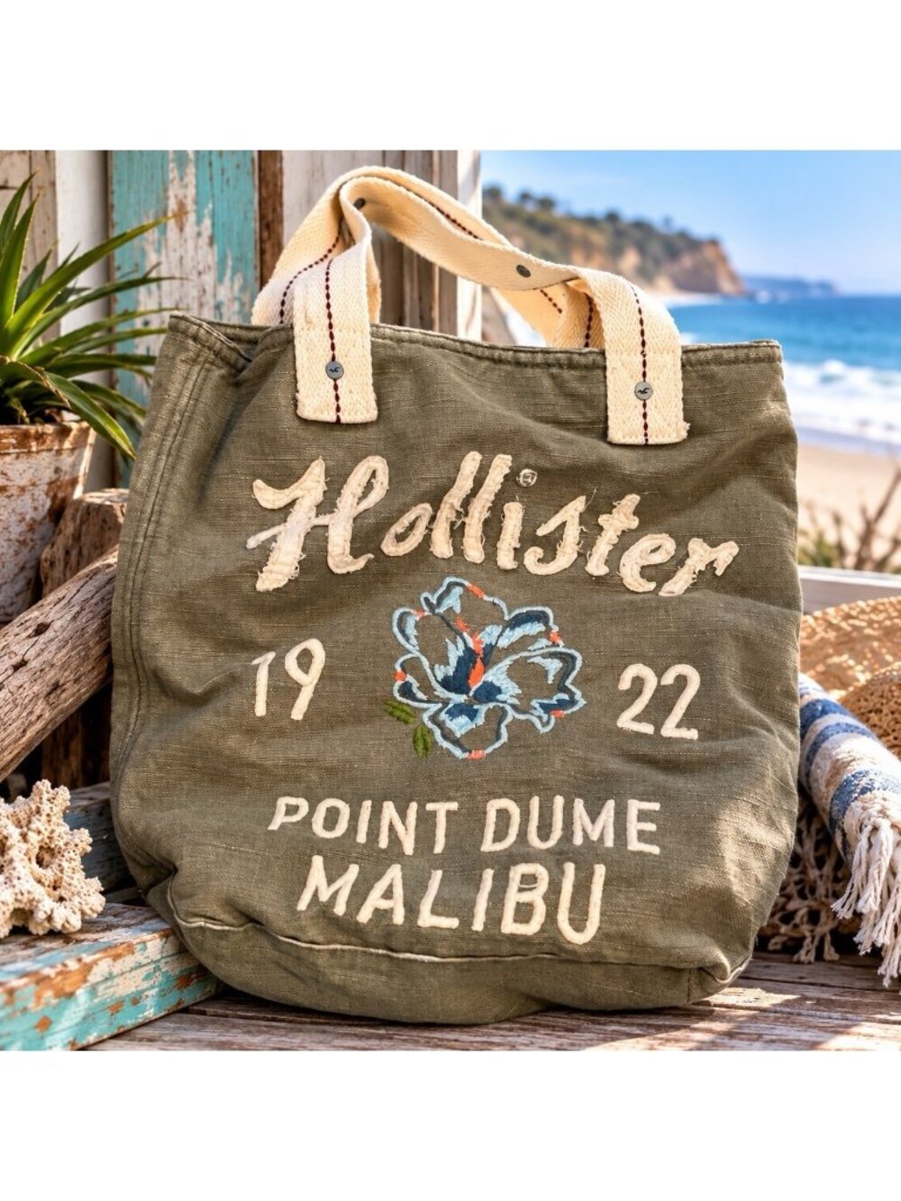 Vintage Y2K Hollister Point Dume Malibu Canvas Tote Bag Beach Surf Embroidered